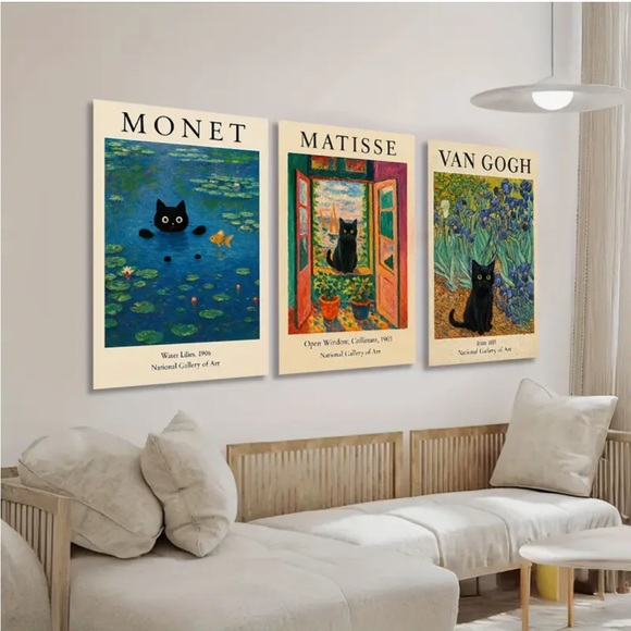 Set of 3 Black Cat Unframed Art Prints - Monet, Matisse, Van Gogh - Picture 2 of 11